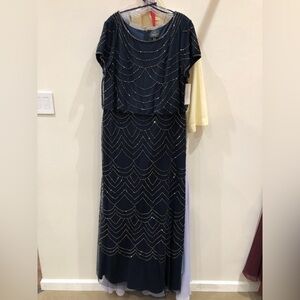 Adrianna Papell Navy and Silver Beaded Gown NWT